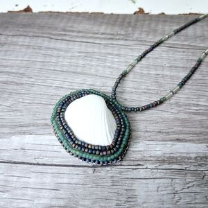 Handcrafted Green Beaded Shell Pendant Necklace